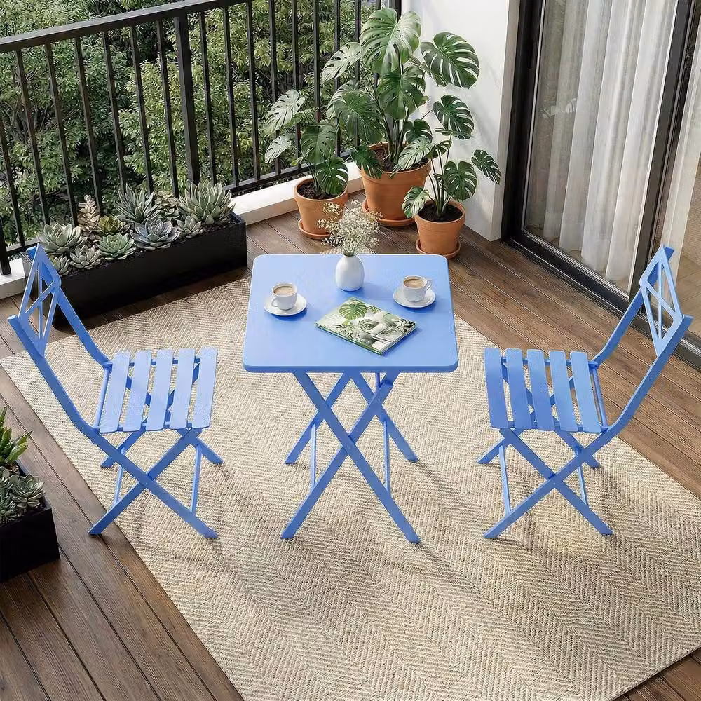 London Boutique 3-Piece Folding Bistro Set in Blue Matt Powder Coated Steel – 3