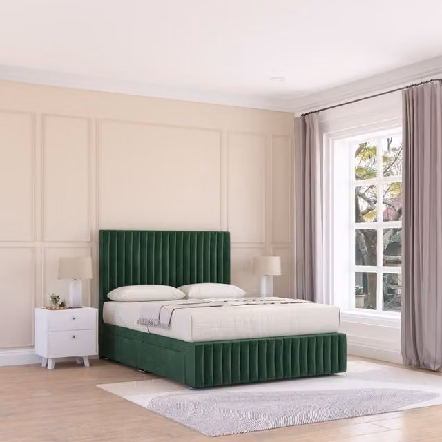 Sloomy Madison Plush Velvet Memory Foam Bed Set with 4 Drawers, Mattress and Headboard in Green, Size: Small Double