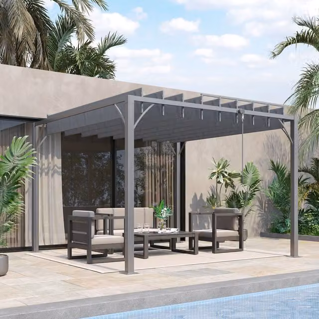 Outsunny Outdoor Louvered Pergola with Retractable Roof, Grey, W/D/H: 3 x 2.95 x 2.13 m