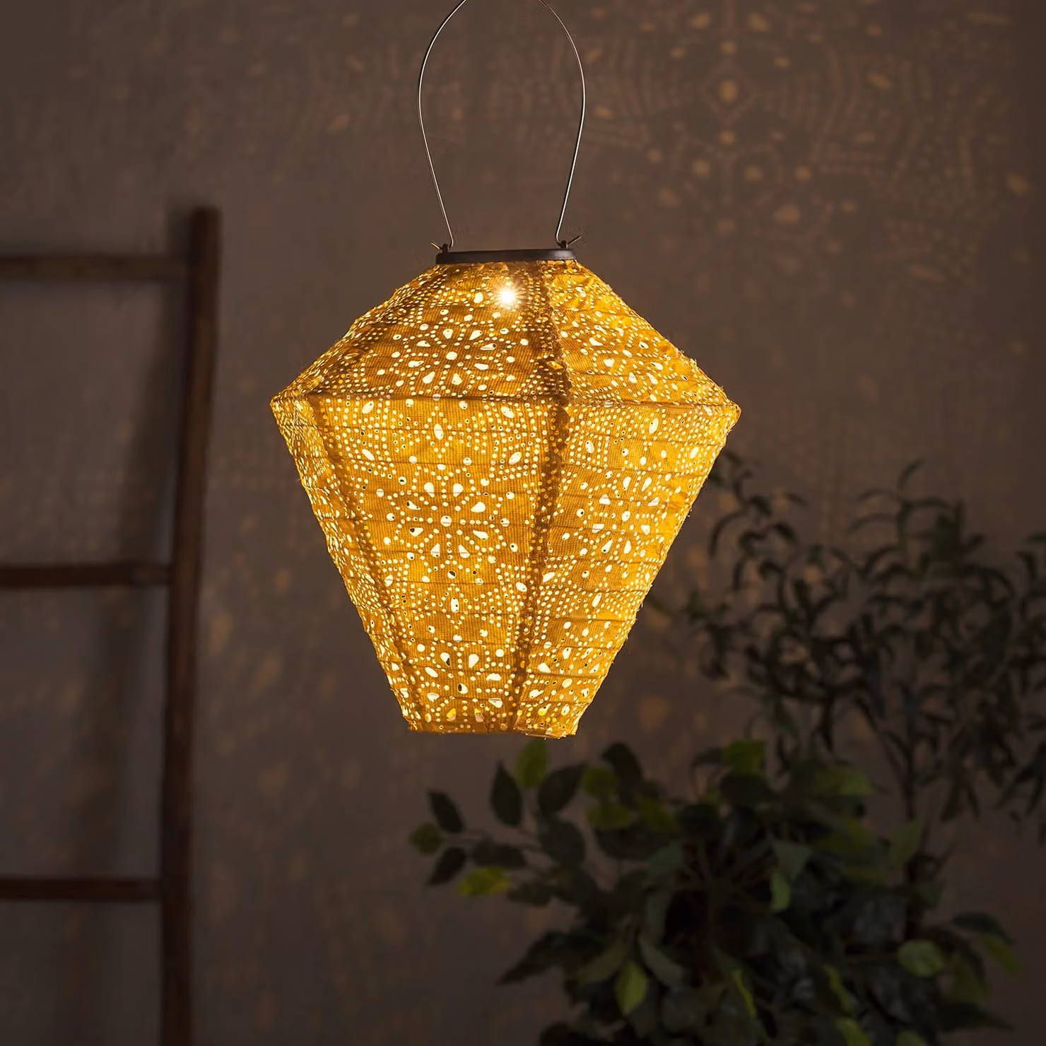 Lights4fun Yellow Moroccan Solar Powered Hanging Lantern IP44 Waterproof