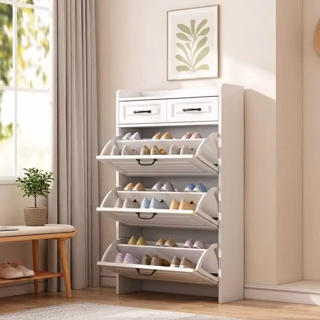 STILVORA Modern Shoe Cabinet with 3 Tilting Compartments and 2 Drawers in White and Black – 1