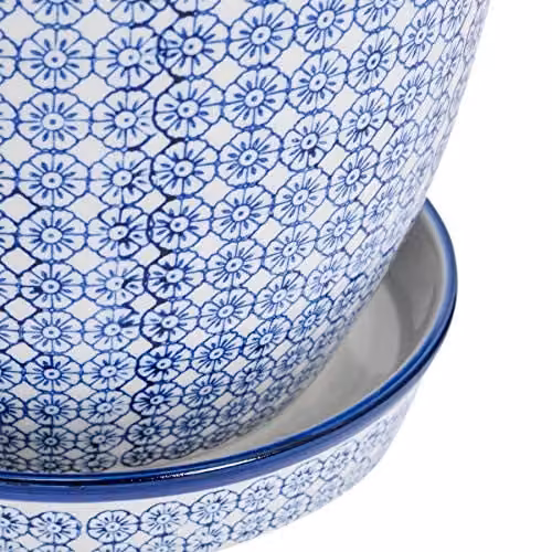 Nicola Spring Hand-Printed Ceramic Plant Pot with Saucer, Blue, Diameter: 20.5 cm – 4