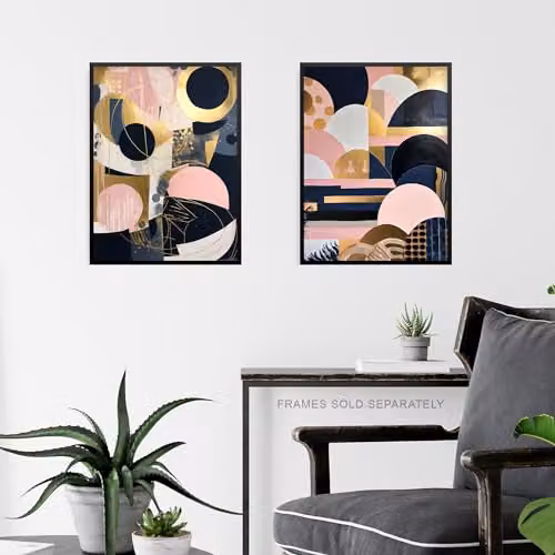 Artery8 Set of 3 A4 Abstract Boho Art Deco Geometric Paper Poster Prints in Gold, Pink, and Navy Blue – 6