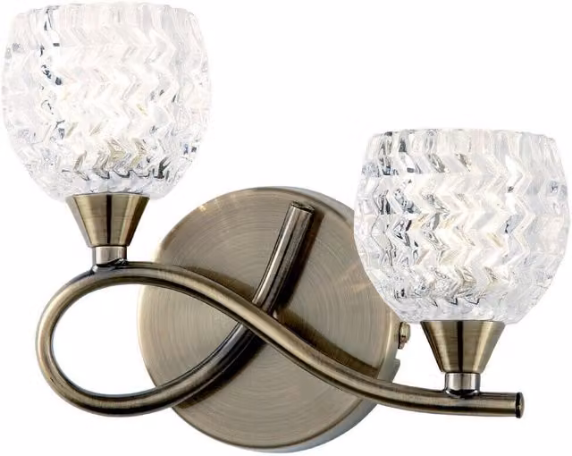 Loops LED Twin Wall Light with Twist Arm in Antique Brass and Clear Glass Pattern, Dimmable