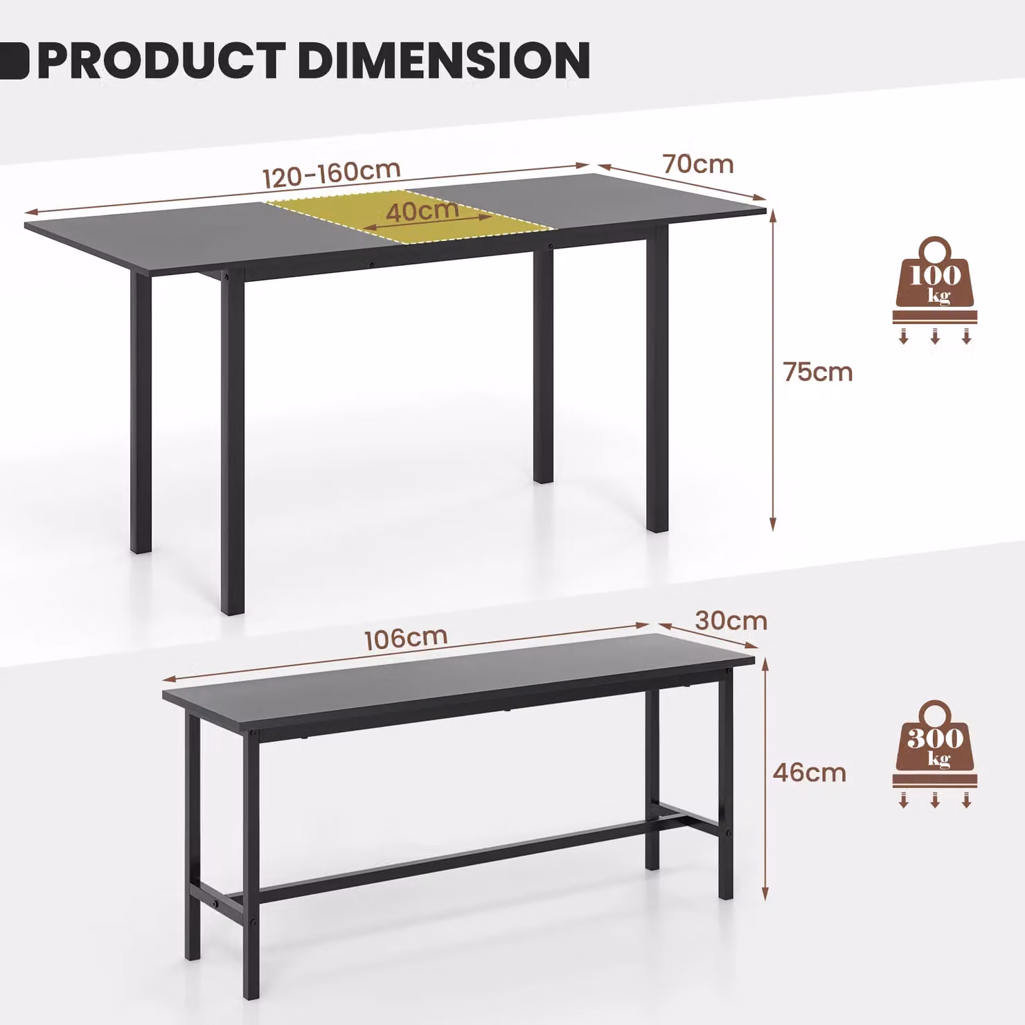 Costway Extendable Dining Table Set with 2 Benches in Black – 3