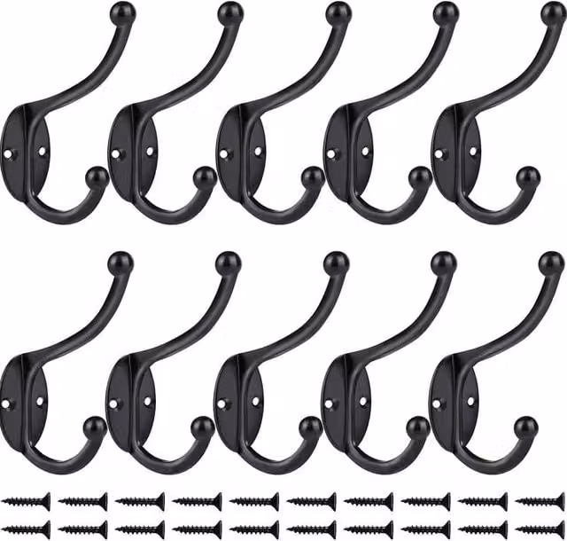 NESTLUNE 10-Piece Black Metal Double Wall Mounted Coat and Robe Hooks, Length: 500 mm