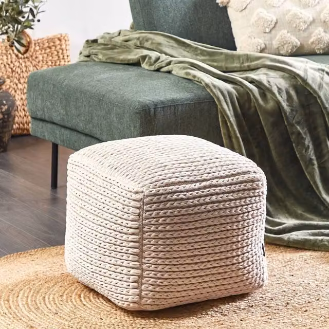 Wyld and Coco Beige Cotton Pouffe W/D/H: 50 x 50 x 35 cm – 1