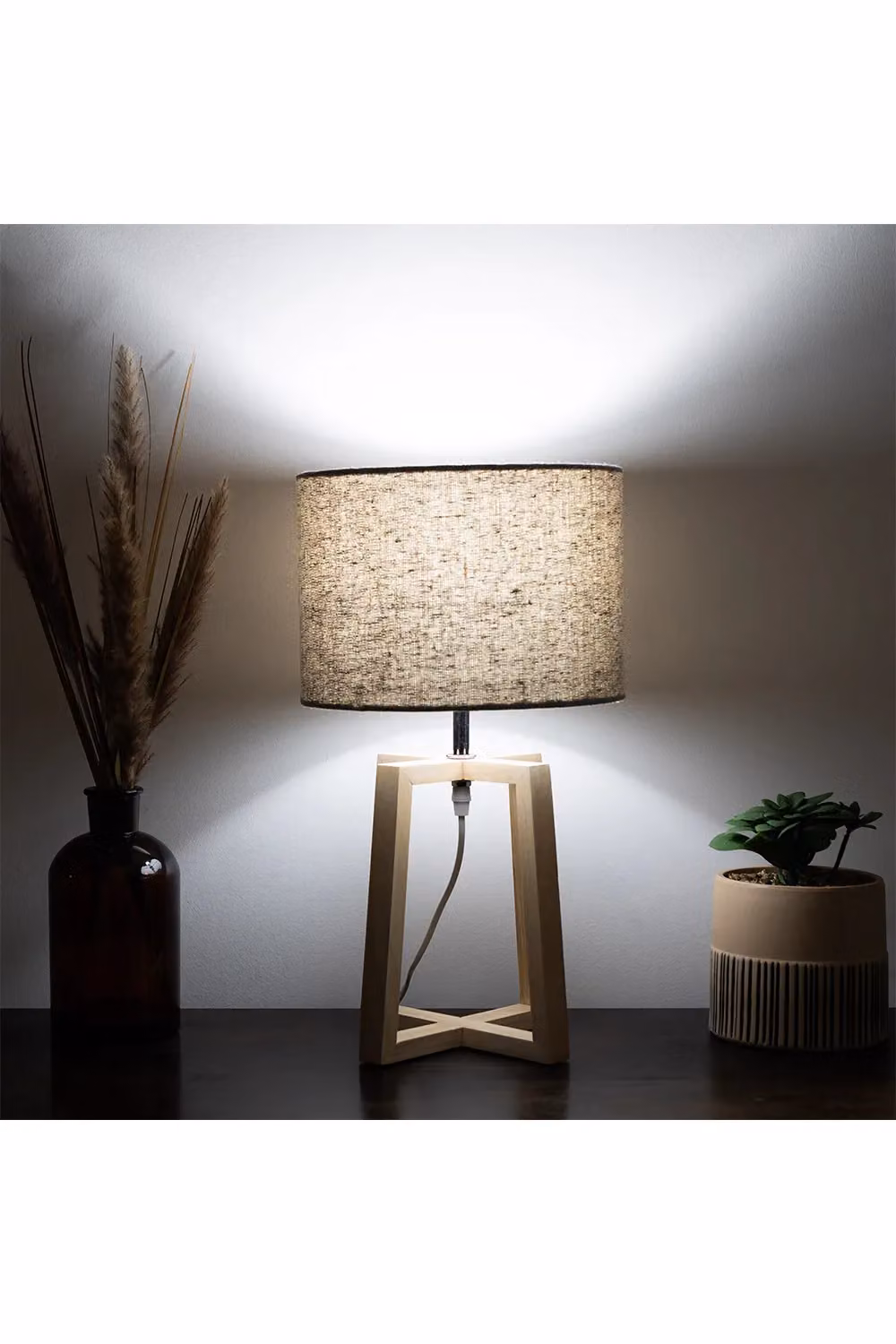 K LIVING Natural Wooden Table Lamp with Grey Linen Look Fabric Shade – 2