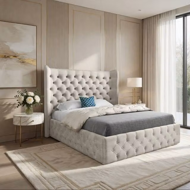 KDMD Ledbury Wide Winged Upholstered Designer Bed Frame in Beige Soft Velvet, W/D/H: 137 x 120 x 113 cm