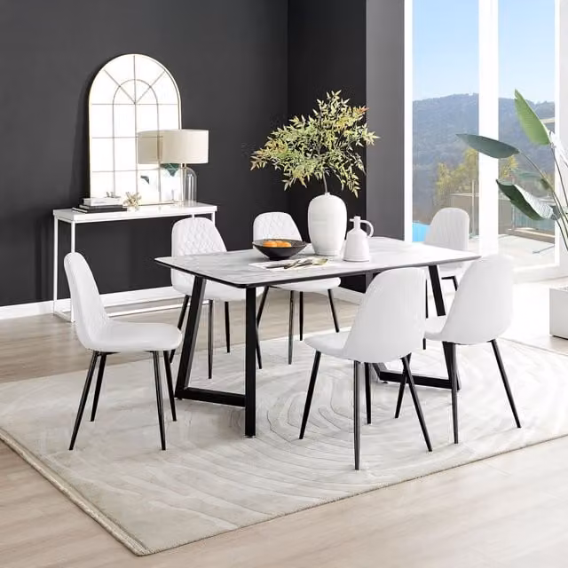 FurnitureboxUK Carson White Marble Effect Dining Table and 6 Corona Black Leg Chairs Set