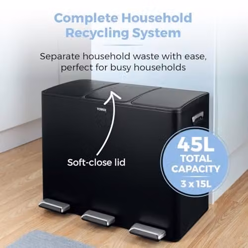 Tower 45L Recycling Pedal Bin with Removable Inner Buckets, Black – 3
