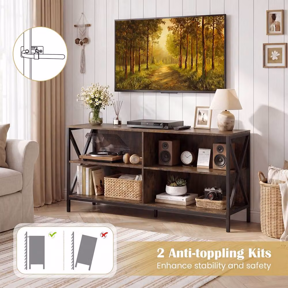Gymax Industrial TV Stand and Entertainment Centre with 4 Open Storage Shelves in Brown and Metal – 5