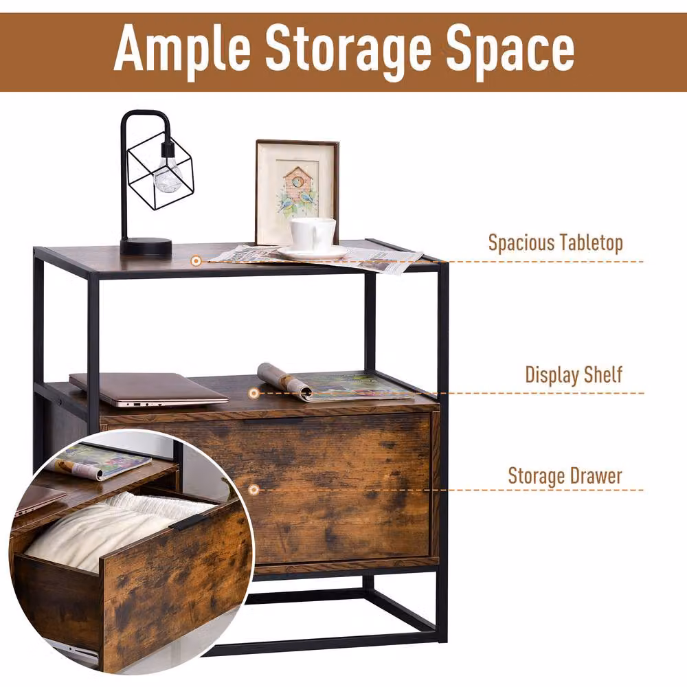 HOMCOM Industrial-Style Side Table with Drawer and Open Shelf, Black and Brown – 4