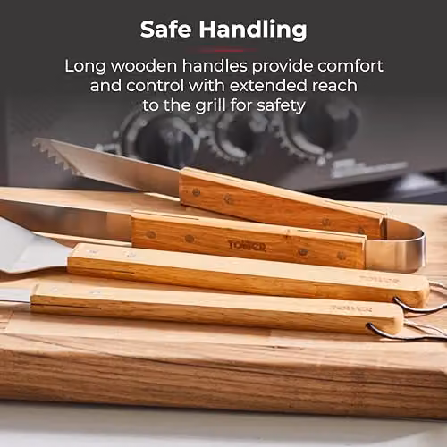 Tower 4 Piece Stainless Steel Barbecue Tool Set with Wooden Handles in Silver and Brown – 7