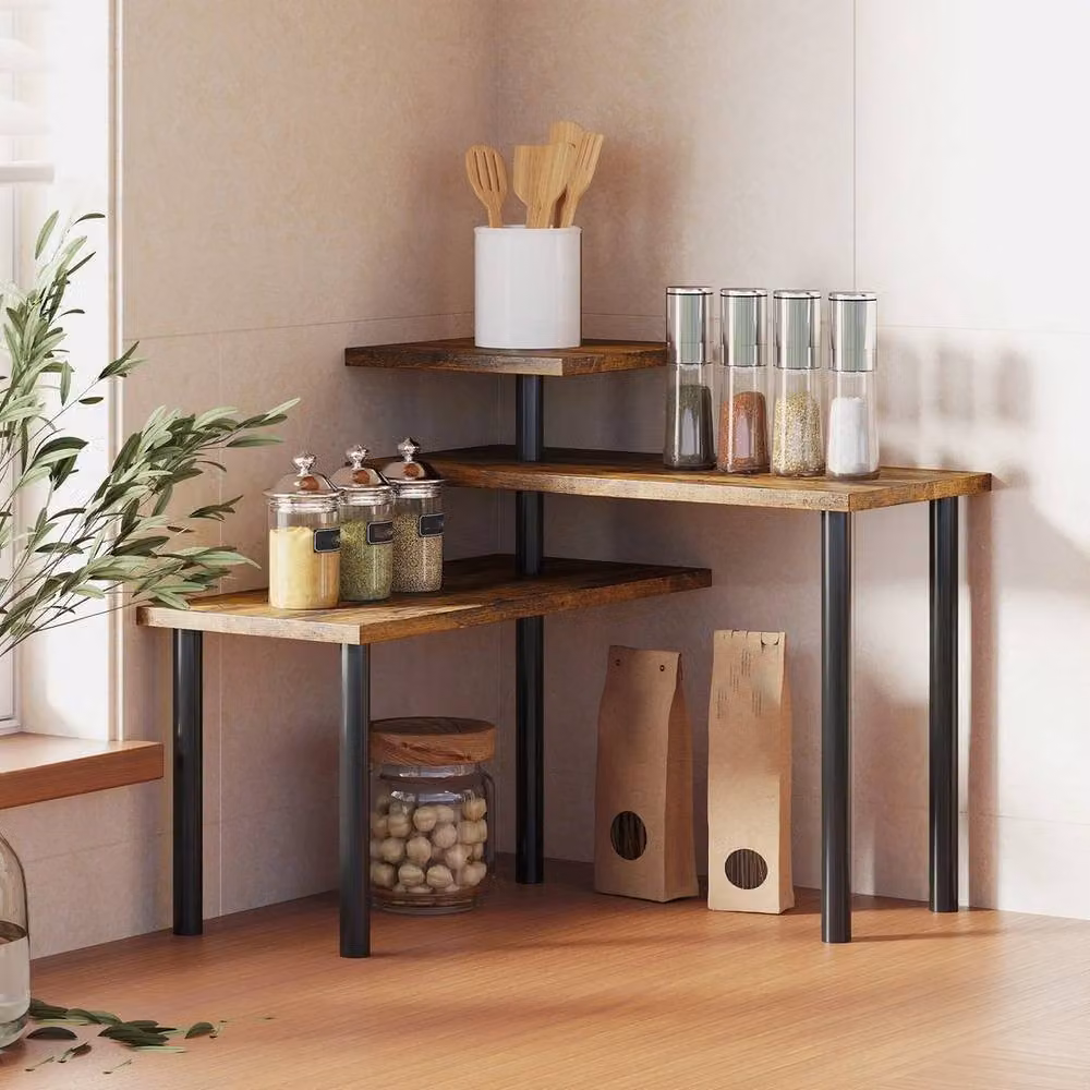 KORVIXA 3 Tier Adjustable Industrial Corner Shelf in Brown – 3
