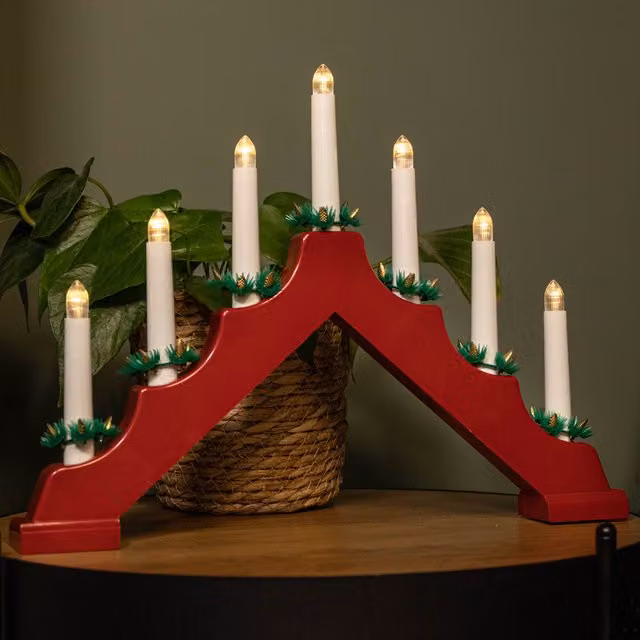 Samuel Alexander Red Christmas Taper Candle Bridge with 7 Warm White LEDs, Height: 41 cm