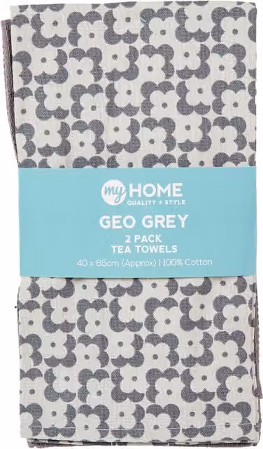 My Home Geo Highly Absorbent Cotton Tea Towels, Pack of 2, Grey