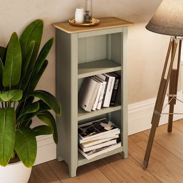 FWStyle 3 Tier Painted Bookcase with Natural Oak Top in Sage Green