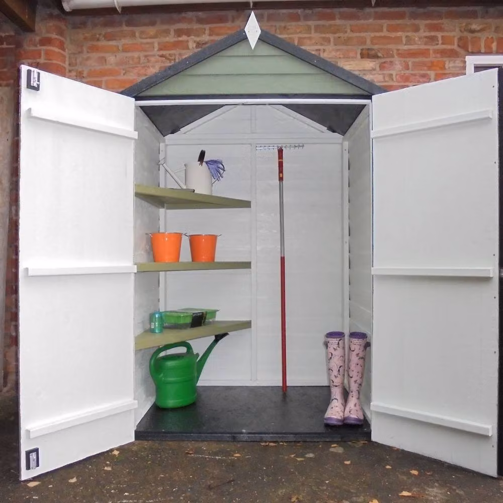 Shires Brown Dip Treated Apex Overlap Wooden Shed with Double Doors and 3 Corner Shelves W/D/H: 121.9 x 59.4 x 194.3 cm – 3