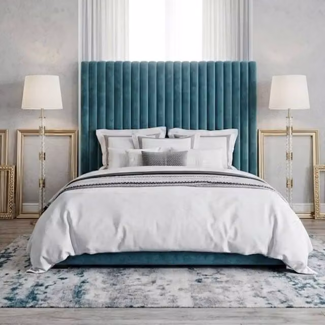 Stratus Interiors Romana Slim Paneled Upholstered Bed Frame with Gas Lift Ottoman Storage in Petrol Blue, Super King Size