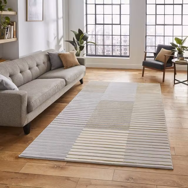 Terrys Modern Striped Machine Woven Rectangular Rug in Grey and Gold, W: 80 cm, L: 150 cm