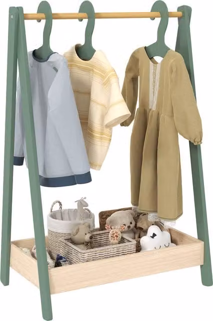 AIYAPLAY Kids Clothes Rail with 3 Hangers and Bottom Storage Shelf, Green