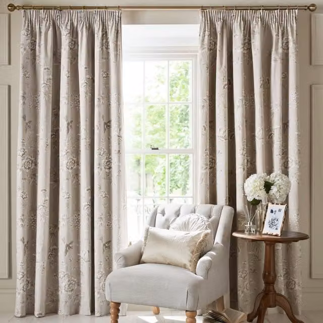 Laura Ashley Rowsham Floral Blackout Curtains in Beige and Multicolour Cotton Fabric with Pencil Pleat Tape and Thermal Insulation