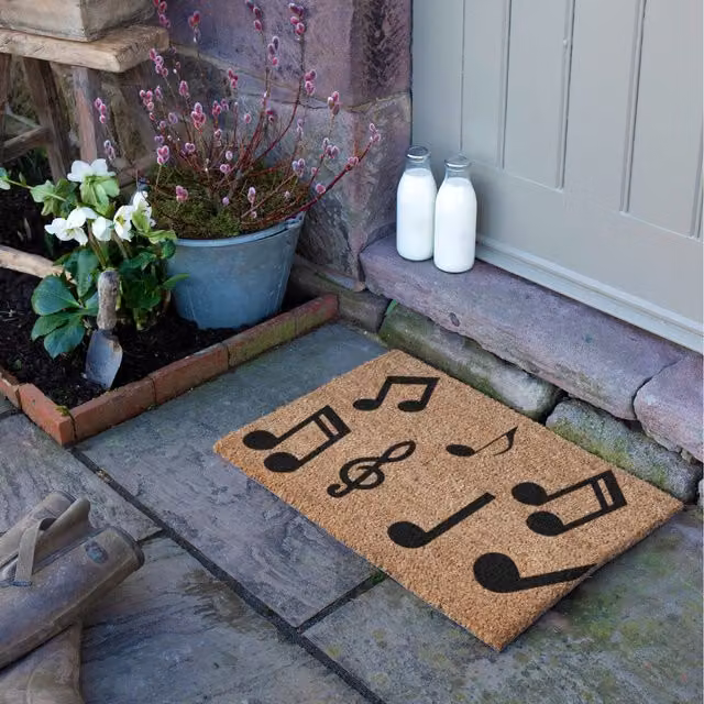 Artsy Mats Music Notes Brown Coir and Natural Rubber Rectangular Doormat