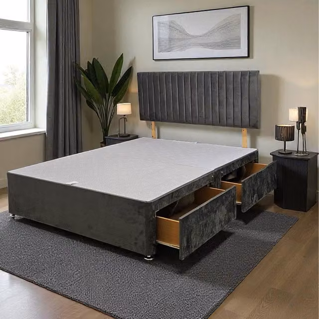 Knight Sleep Emily Divan Bed Base with 2 Drawers and Headboard, Charcoal Grey, Superking, W/D/H: 200 x 200 cm – 1