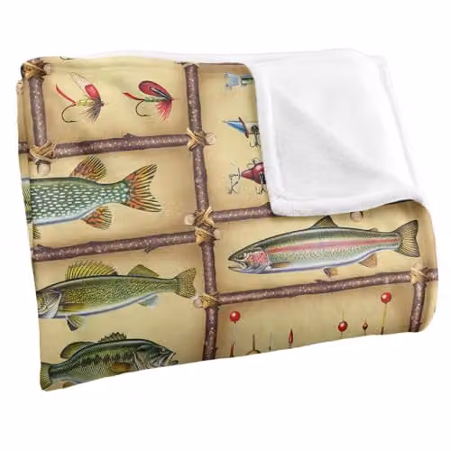 JQ Licensing Fish Sticks Lodge Fishing Lures Pattern Super Soft Fleece Throw Blanket, Multicolour, W/D/H: 91 x 147 cm – 2