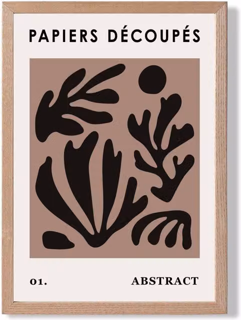 ARTZE Matisse Style Floral Cutout Framed Print in Brown and Black with Oak Wood Frame