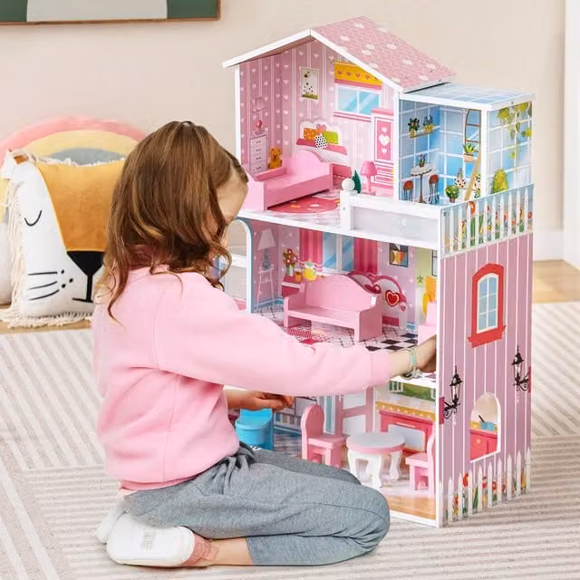 COSTWAY Pink Wooden Kids Dollhouse Playset