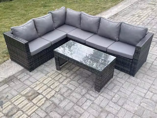 Fimous 6 Seater Rattan Corner Sofa Set with Rectangular Coffee Table, Left Hand, Dark Grey