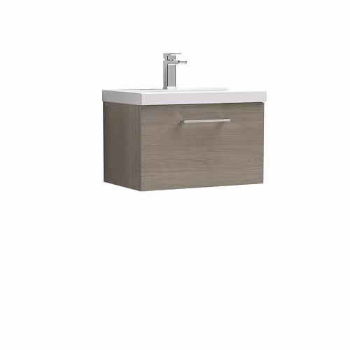 Balterley Wall Hung Single Drawer Vanity Unit with Basin in Woodgrain Grey, W/D/H: 61.0 x 39.0 x 39.9 cm – 1