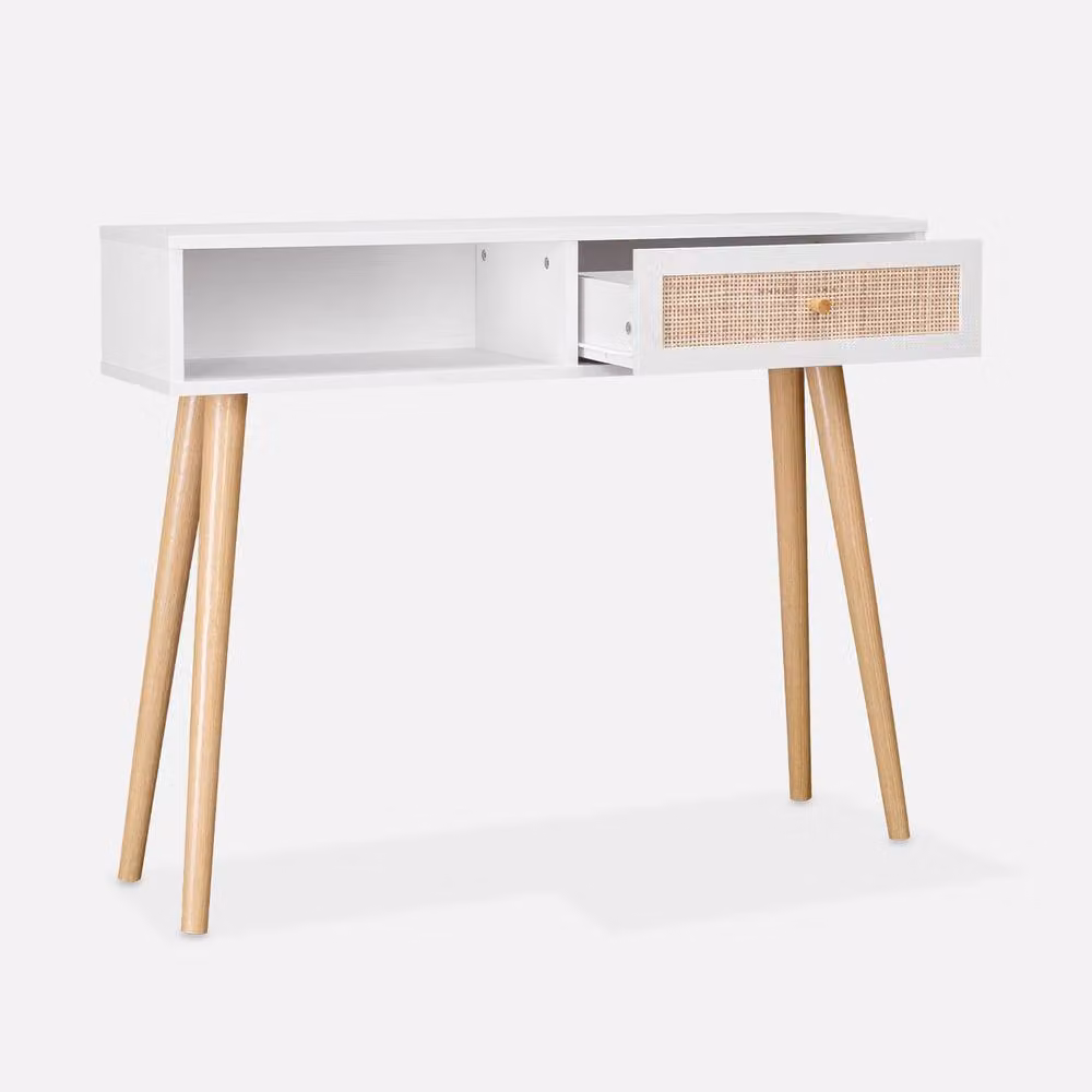 Sweekeec White Wood and Rattan Decor Console Table, W: 100 cm, H: 81 cm – 2