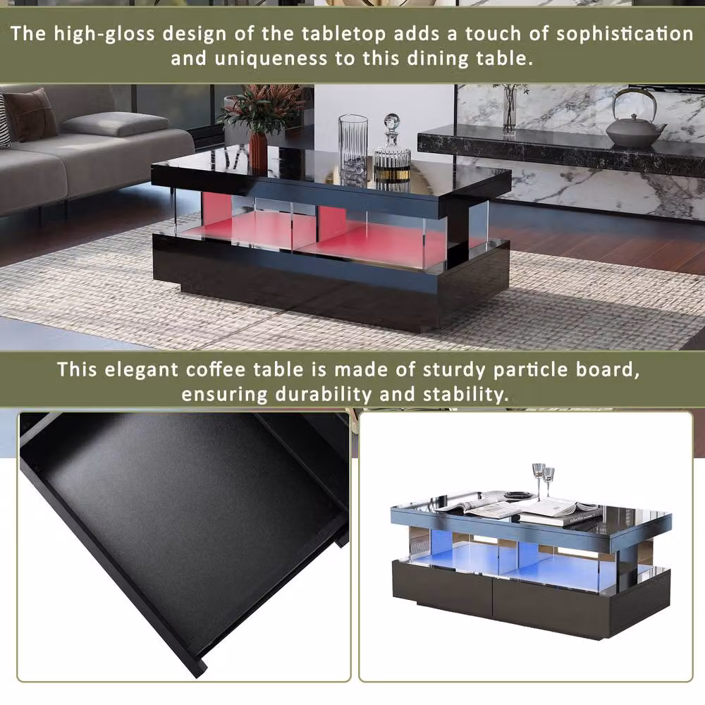 Merax High Gloss LED Coffee Table with 2 Drawers and Open Shelf in Black – 4