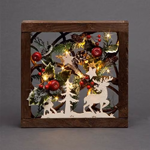 Shatchi 3D Nordic Christmas Scene Tabletop Decoration with LED Lights, Brown, Wood, 30 cm