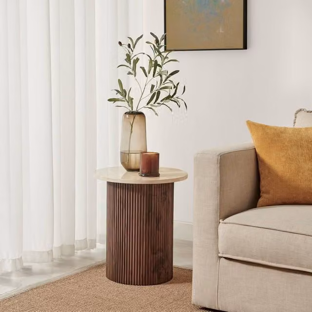FurnitureboxUK Penrose Round Walnut and Cream Marble Effect Side Table