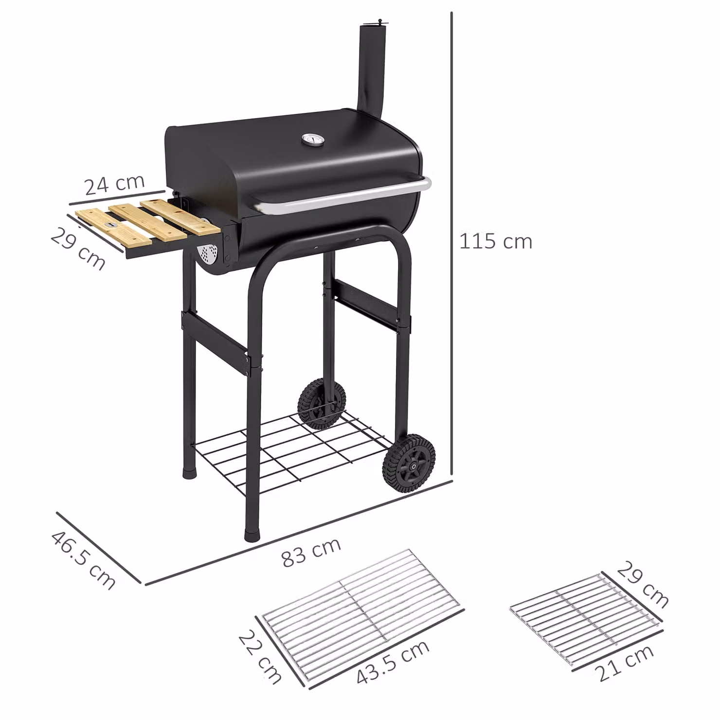 Outsunny Charcoal Barbecue Grill Trolley with Shelves and Thermometer, Black, W/D/H: 83 x 115 x 115 cm – 3