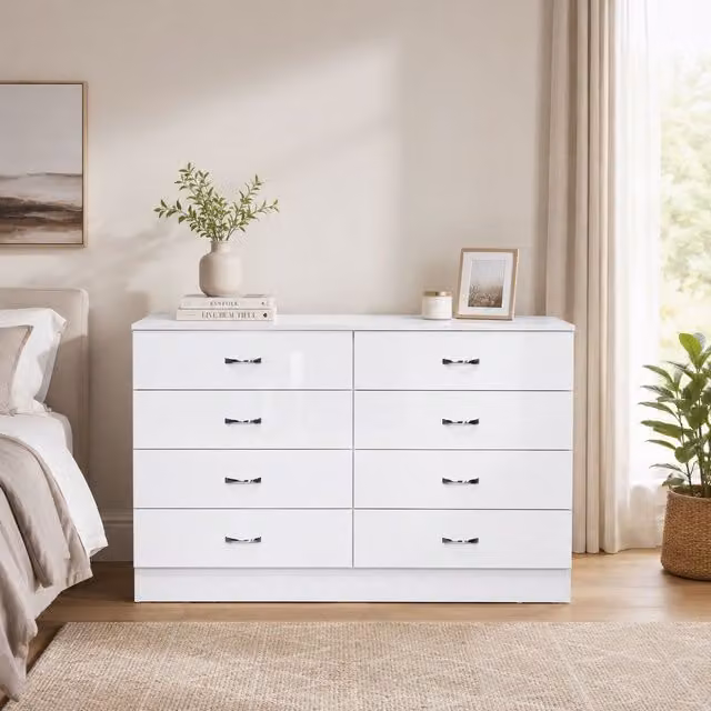 LUXURY LIFE Chilton Gloss White 8 Drawer Modern Twin Chest Of Drawers