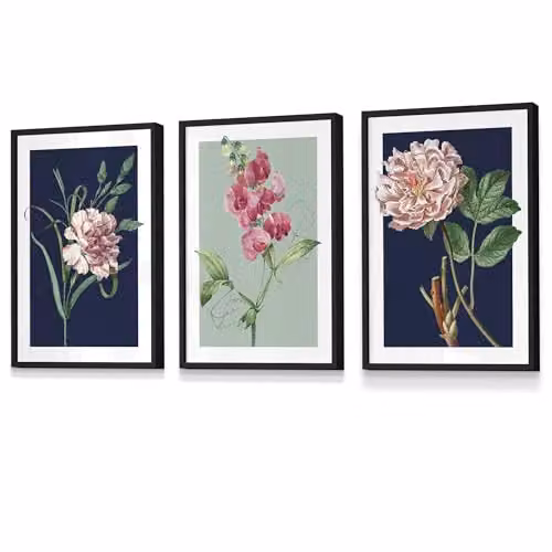 ARTZE Set of 3 Vintage Floral Wall Art Illustrations in Navy Blue and Sage Green with Black Frames, W: 45 cm, H: 62 cm, D: 2 cm – 2