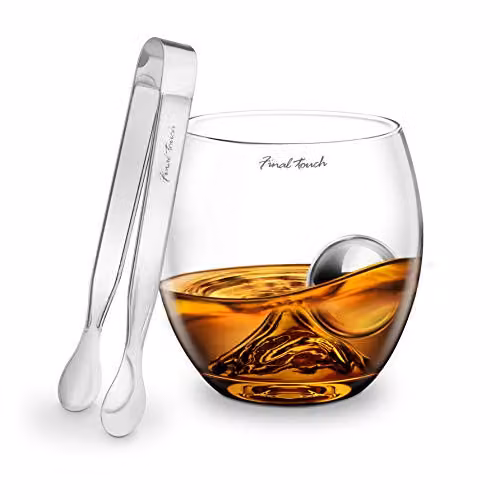 Final Touch On The Rocks Drinking Tumbler Glass Set with Stainless Steel Ball and Tongs in Silver and Transparent
