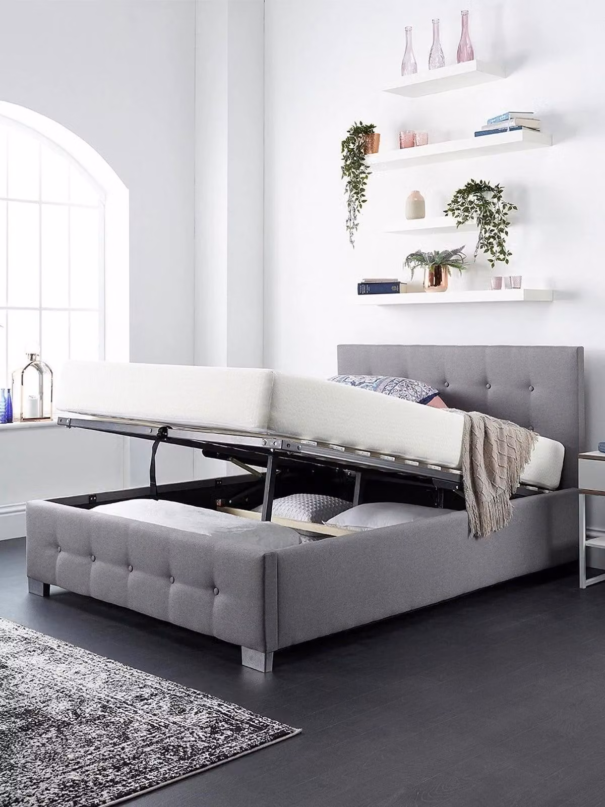 Grey Linen King Size Ottoman Storage Bed with Buttoned Headboard, W/D/H: 180 x 200 x 162 cm