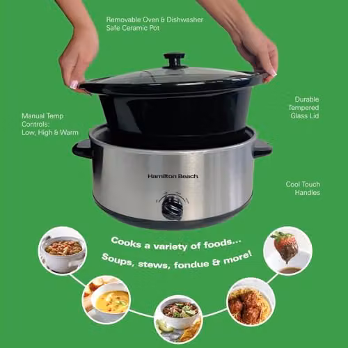 Hamilton Beach 6.5L Family Favourite Slow Cooker in Silver with Ceramic and Stainless Steel Construction – 6