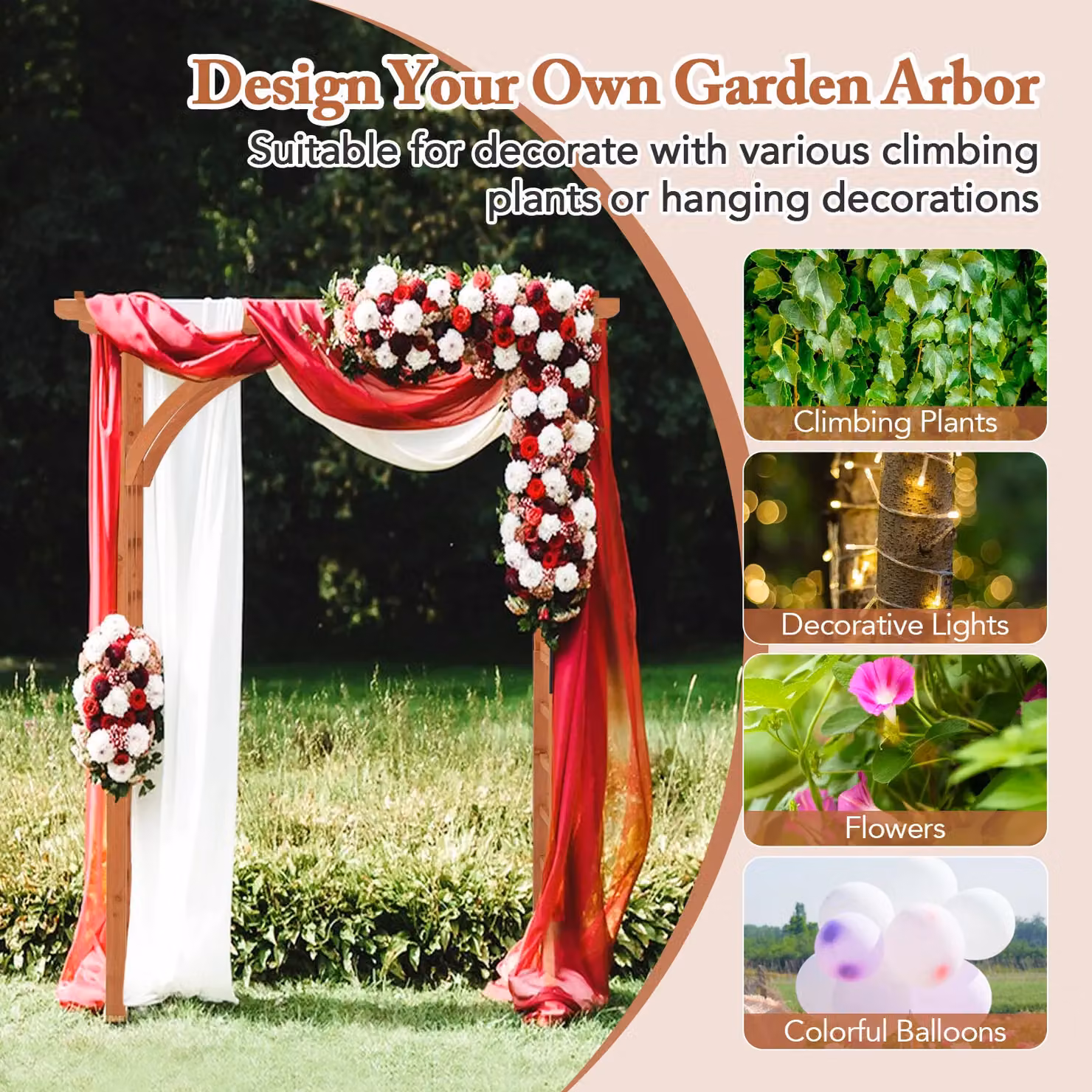 Gymax Wooden Garden Arbor Arch Trellis and Climbing Pergola in Khaki, H 211 x W 160 x D 60 cm – 3