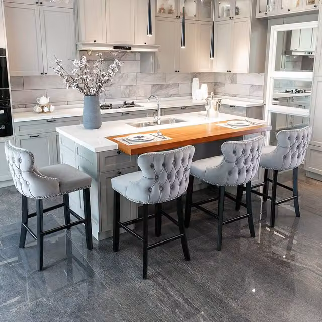 Modern Home Touch Set of 6 Grey Velvet Wing Back Bar Stools with Oak Wood Legs