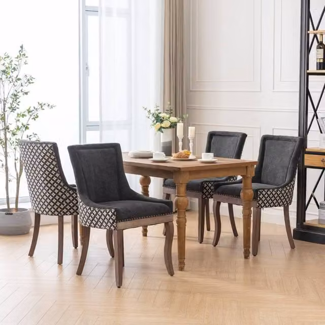 Modern Home Touch Bewley Set of 4 Vintage Linen Upholstered Kitchen Dining Chairs with Oak Wood Legs in Beige and Black