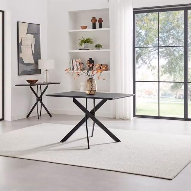 FurnitureboxUK Leonardo Modern Rectangular Dining Table with Black Veneer Top and X-Frame Metal Legs, Black, Width: 70 cm