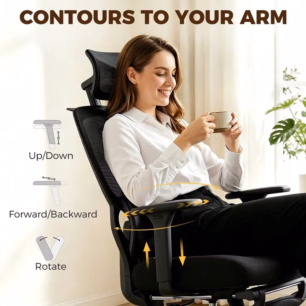 NESTLUNE Ergonomic Black Fabric Office Chair with 3D Armrests and Headrest – 5
