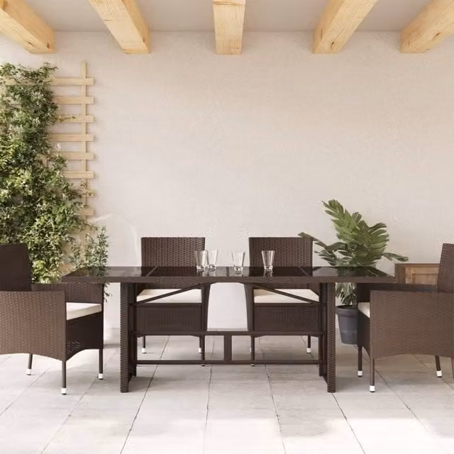 Berkfield Home Brown Poly Rattan Extendable Garden Table with Glass Top, W: 190 cm, D: 80 cm, H: 74 cm – 1